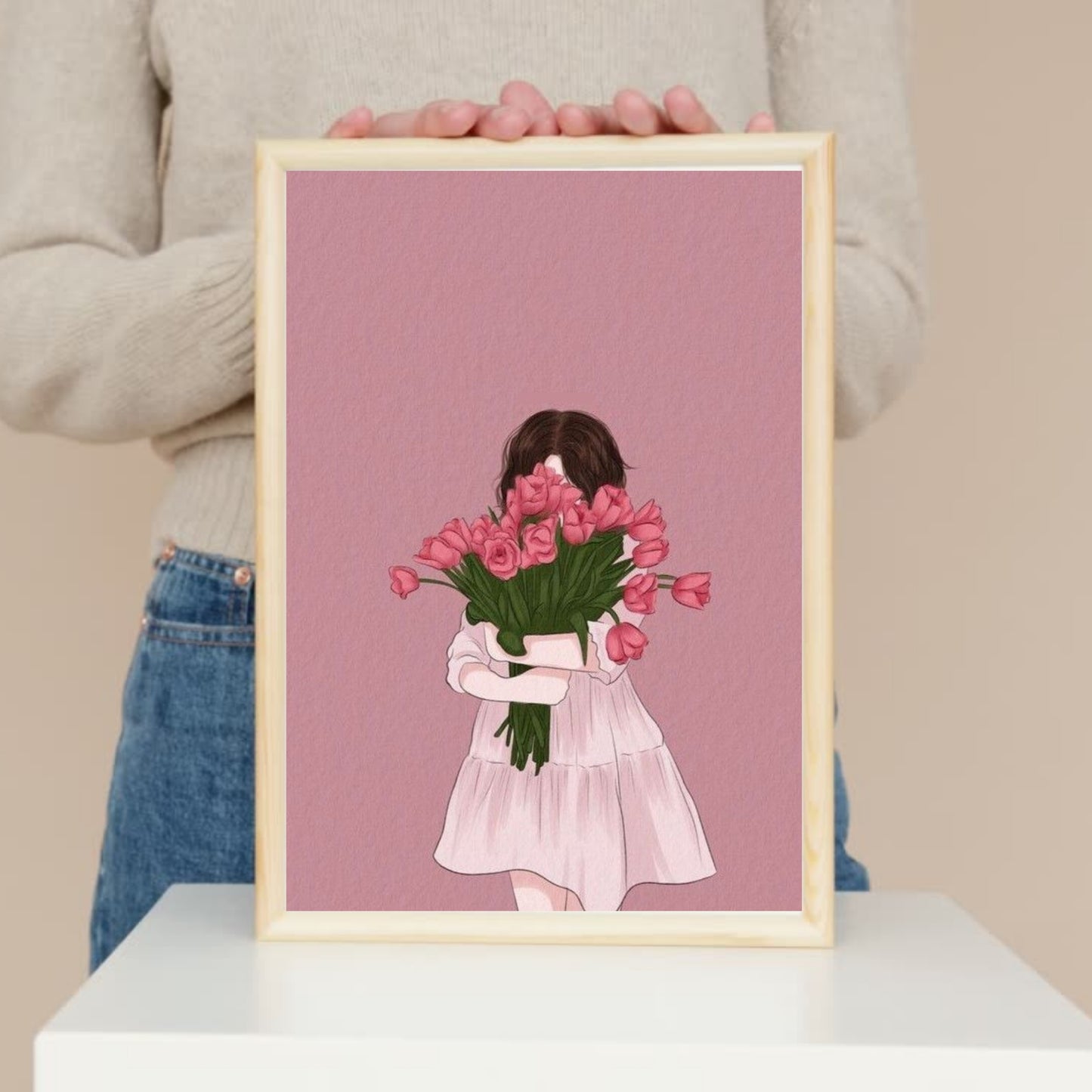 Girl holding bouquet of flowers home decor poster for wall