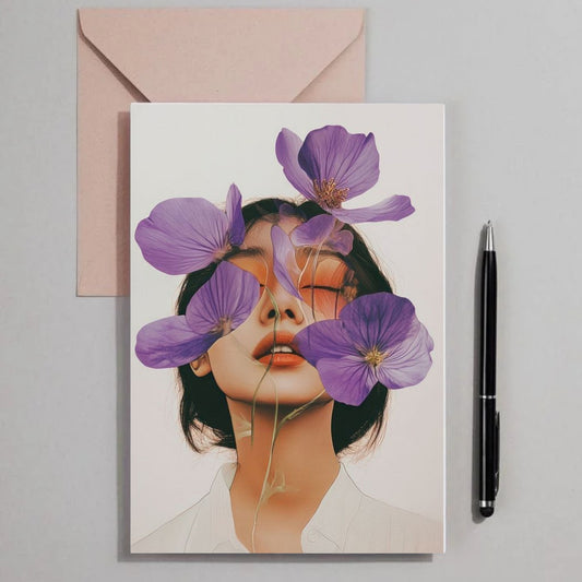 Woman with purple flowers integrated into her face home decor poster for wall