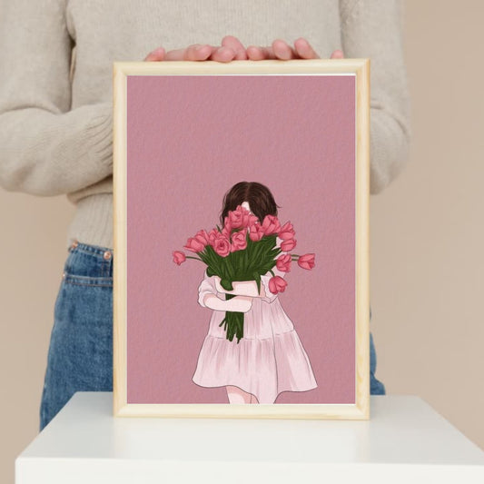 Girl holding bouquet of flowers home decor poster for wall